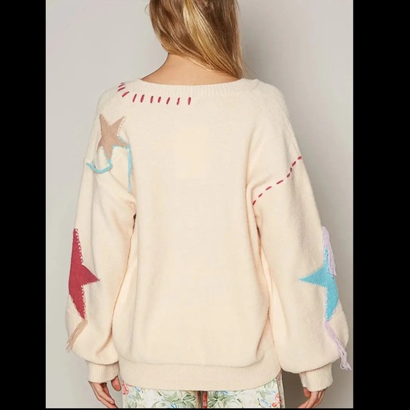 3735 Size Large Star Sweater, White with Color Stars with Tassels. - Picture 3 of 5